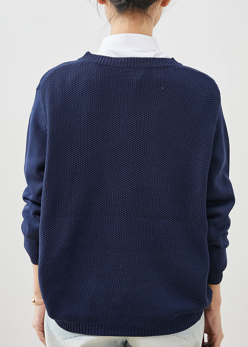 Natural Navy Embroidered Knit Loose Coat Spring Yu1043