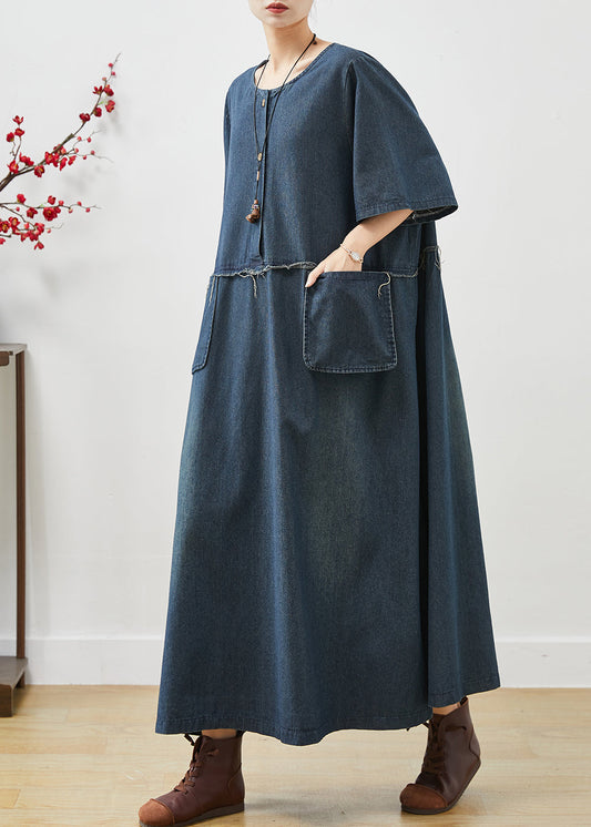 Natural Navy Oversized Pockets Denim Maxi Dresses Summer Ap1074
