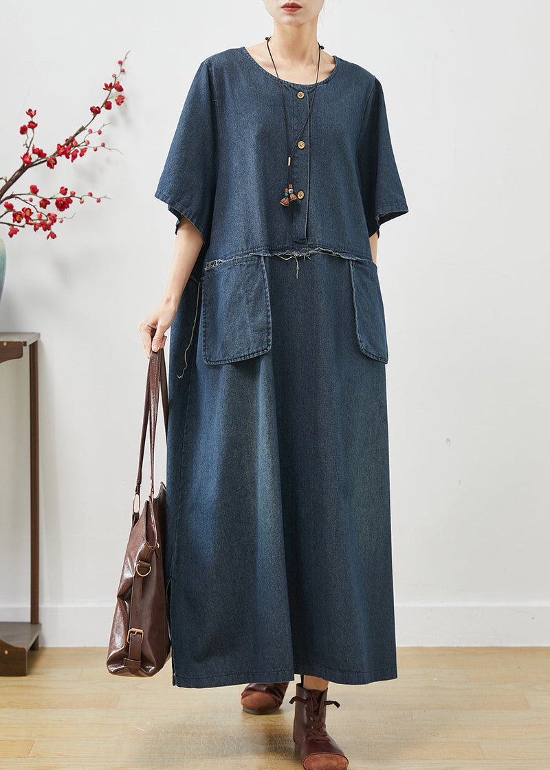Natural Navy Oversized Pockets Denim Maxi Dresses Summer Ap1074