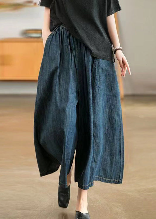 Natural Navy Pockets Elastic Waist Denim Wide Leg Pants Summer Tn006