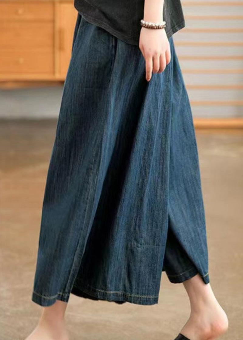 Natural Navy Pockets Elastic Waist Denim Wide Leg Pants Summer Tn006