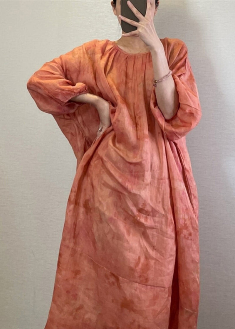 Natural Orange O-neck Tie Dye Maxi Dress Lantern Sleeve Uu1062