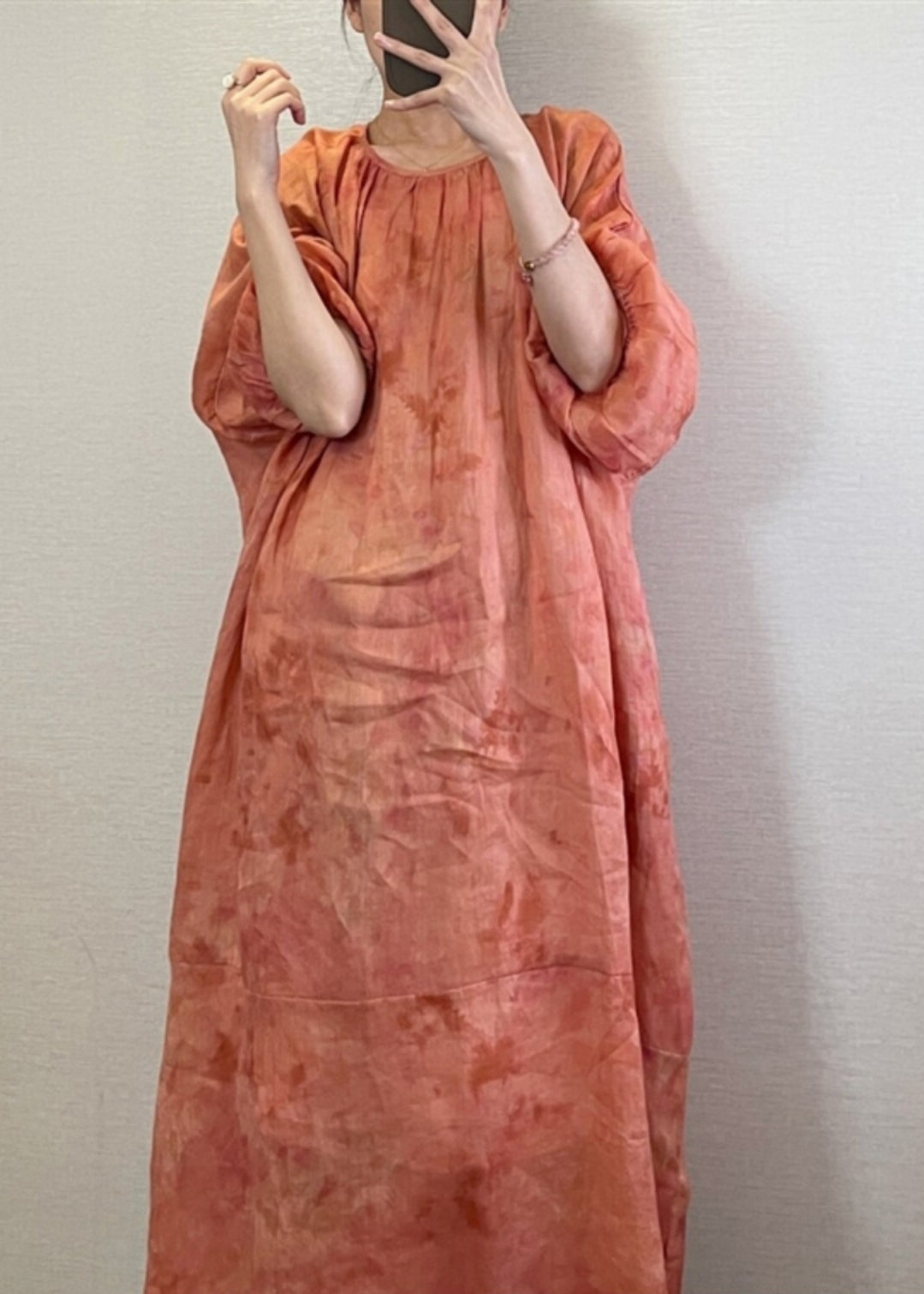 Natural Orange O-neck Tie Dye Maxi Dress Lantern Sleeve Uu1062