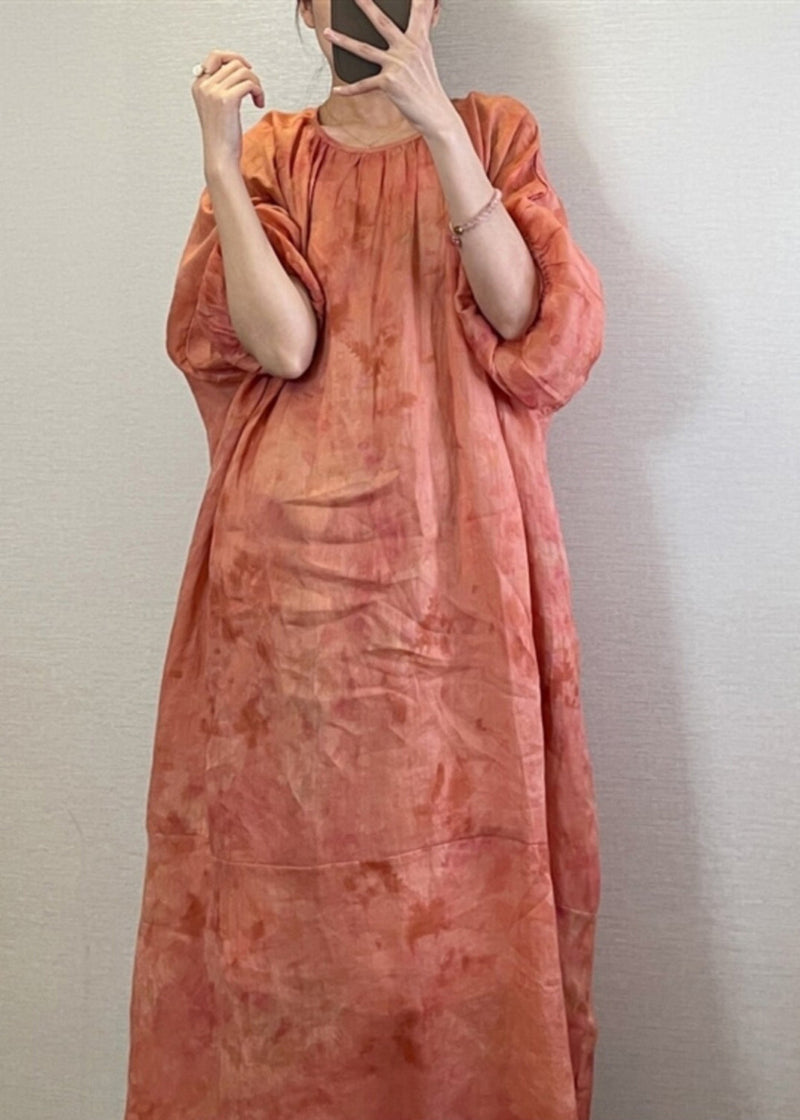 Natural Orange O-neck Tie Dye Maxi Dress Lantern Sleeve Uu1062