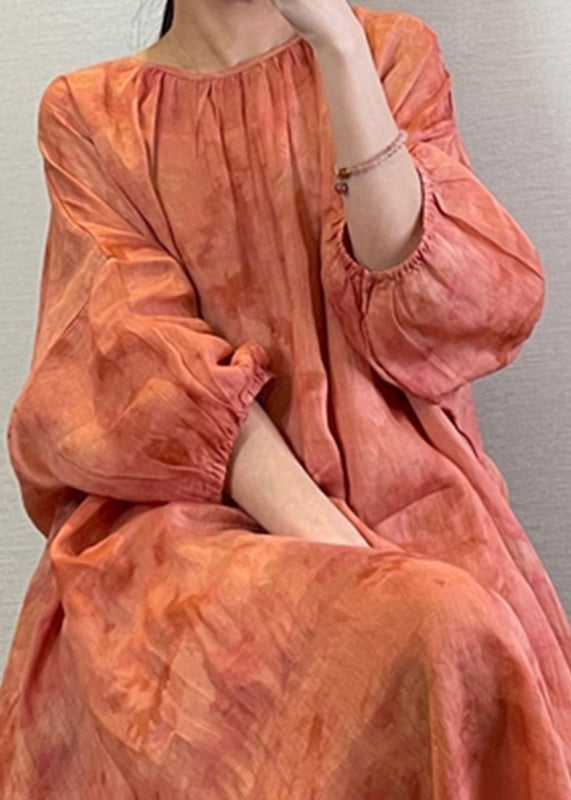 Natural Orange O-neck Tie Dye Maxi Dress Lantern Sleeve Uu1062