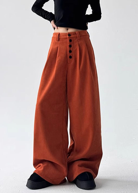 Natural Orange Pockets Patchwork High Waist Corduroy Wide Leg Pants Spring Ta054