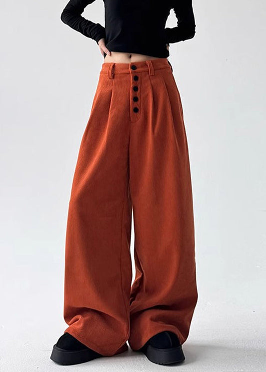 Natural Orange Pockets Patchwork High Waist Corduroy Wide Leg Pants Spring Ta054