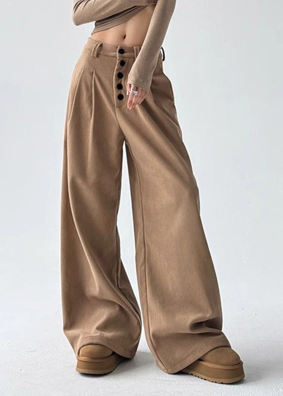 Natural Orange Pockets Patchwork High Waist Corduroy Wide Leg Pants Spring Ta054