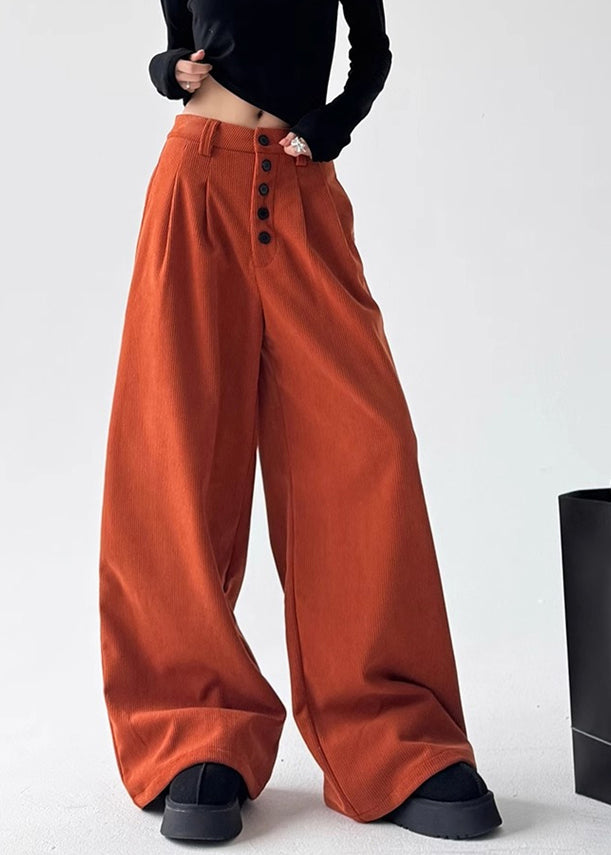 Natural Orange Pockets Patchwork High Waist Corduroy Wide Leg Pants Spring Ta054