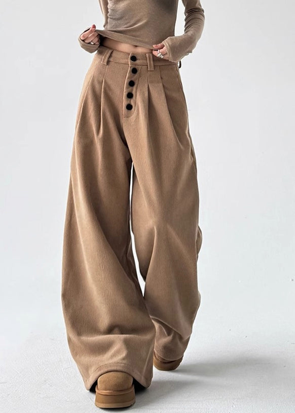 Natural Orange Pockets Patchwork High Waist Corduroy Wide Leg Pants Spring Ta054