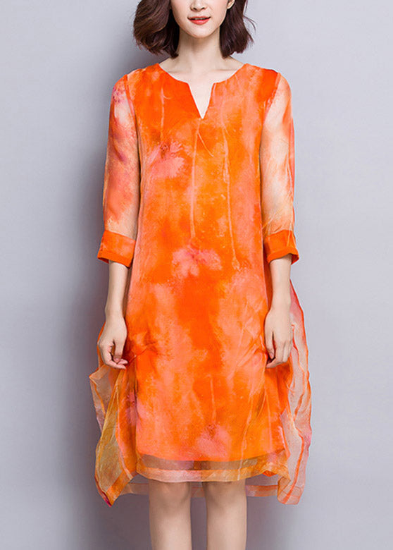 Natural Orange V Neck Tulle Vacation Long Dresses Summer Ti1025