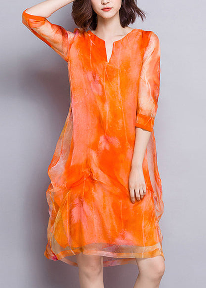Natural Orange V Neck Tulle Vacation Long Dresses Summer Ti1025