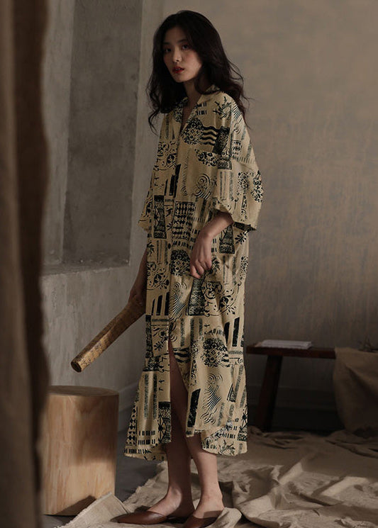 Natural Peter Pan Collar Print Ice Silk Long Dress Spring Ly1864