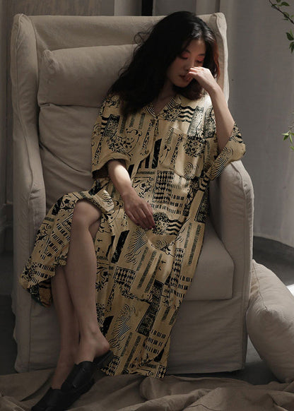 Natural Peter Pan Collar Print Ice Silk Long Dress Spring Ly1864