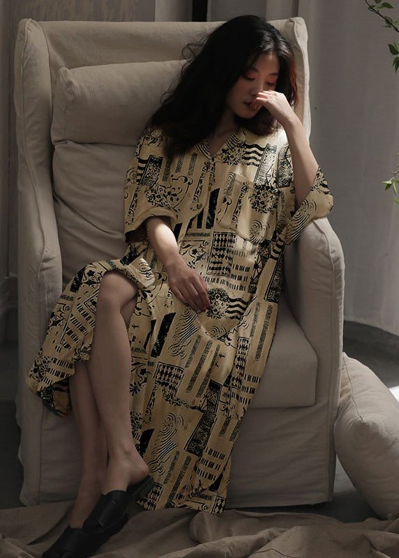 Natural Peter Pan Collar Print Ice Silk Long Dress Spring Ly1864