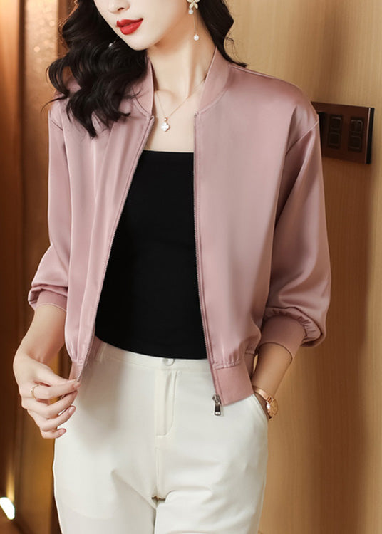 Natural Pink Stand Collar Zippered Coats Long Sleeve Ly0440