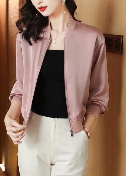 Natural Pink Stand Collar Zippered Coats Long Sleeve Ly0440