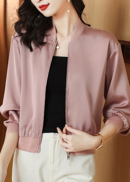 Natural Pink Stand Collar Zippered Coats Long Sleeve Ly0440