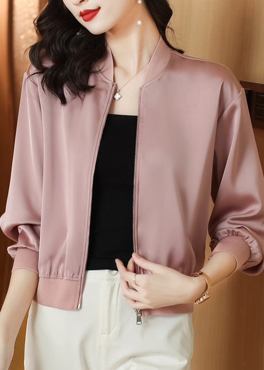 Natural Pink Stand Collar Zippered Coats Long Sleeve Ly0440