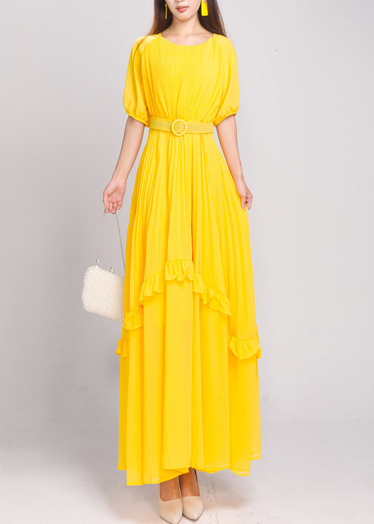 Natural Red Ruffled Patchwork Sashes Chiffon Long Dress Summer Ao1047