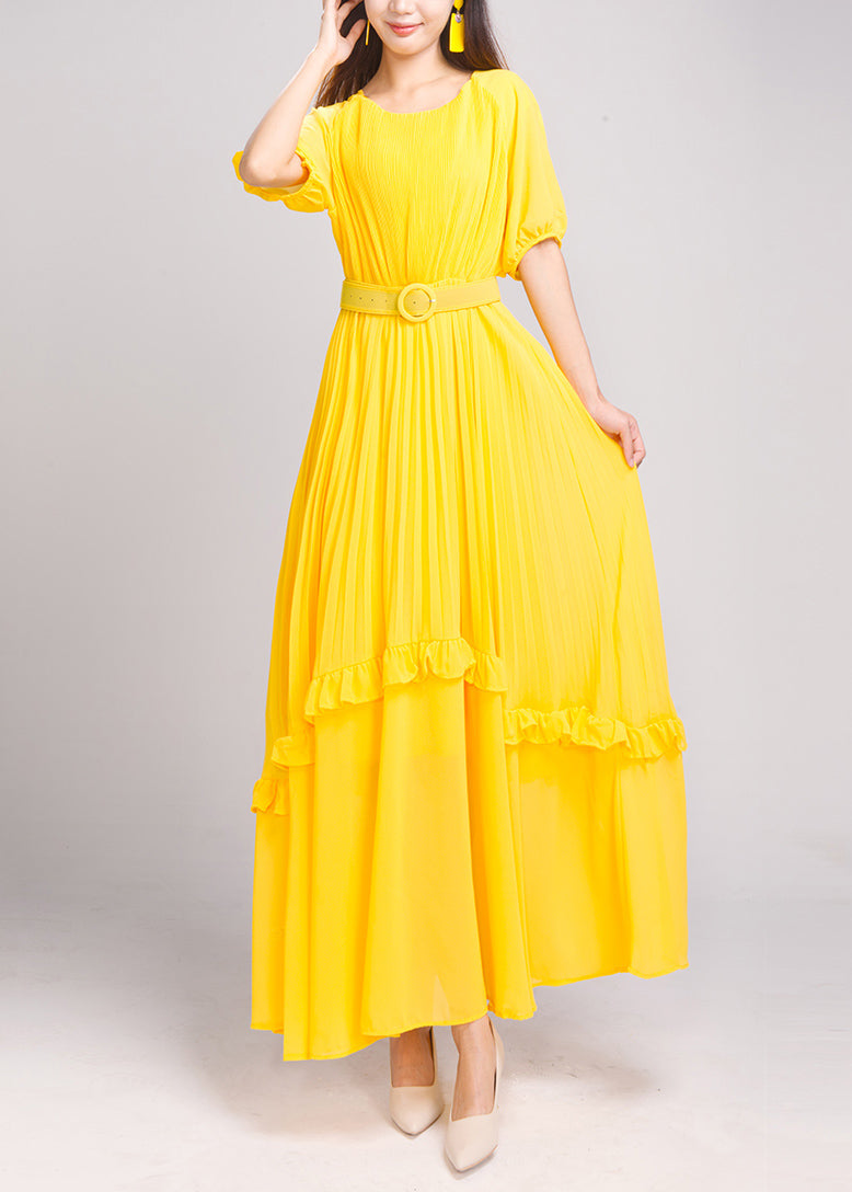 Natural Red Ruffled Patchwork Sashes Chiffon Long Dress Summer Ao1047