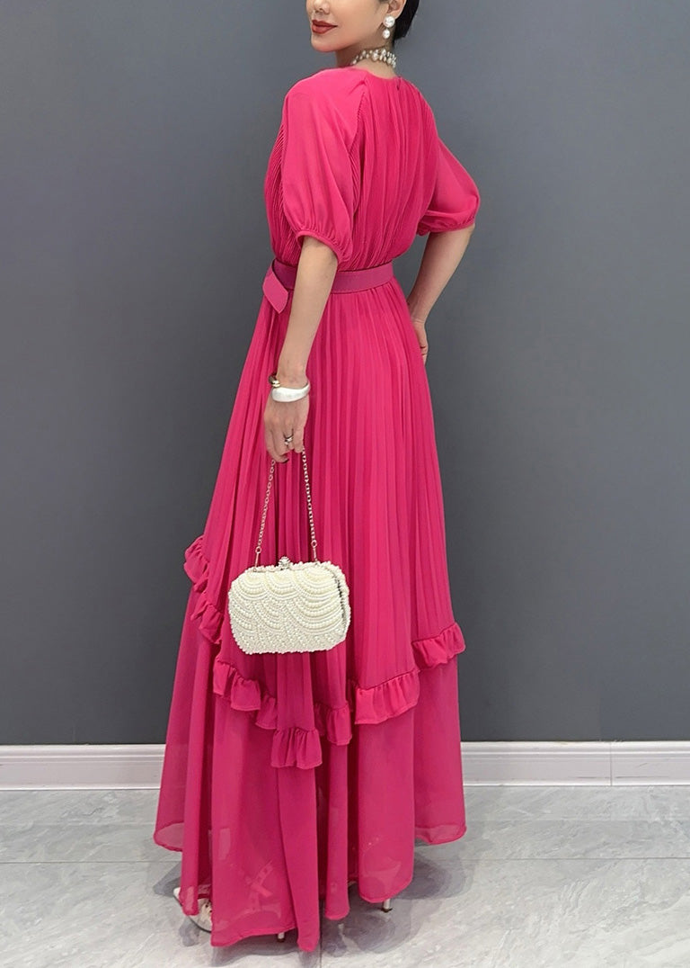Natural Red Ruffled Patchwork Sashes Chiffon Long Dress Summer Ao1047