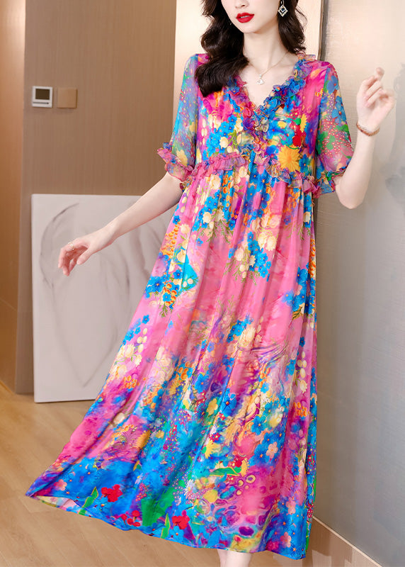 Natural V Neck Ruffled Print Silk Holiday Maxi Dress Short Sleeve Ly1762