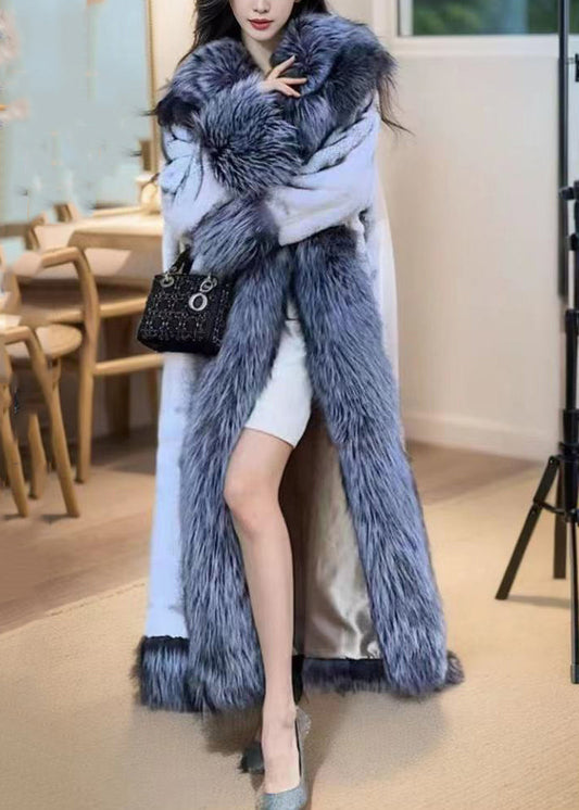 Natural White Fox Collar Tie Waist Leather and Fur Maxi Coats Winter Rd009