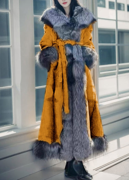 Natural White Fox Collar Tie Waist Leather and Fur Maxi Coats Winter Rd009