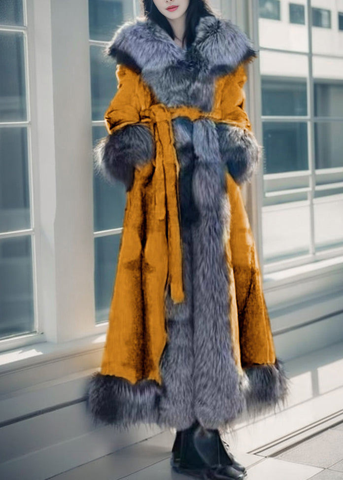 Natural White Fox Collar Tie Waist Leather and Fur Maxi Coats Winter Rd009