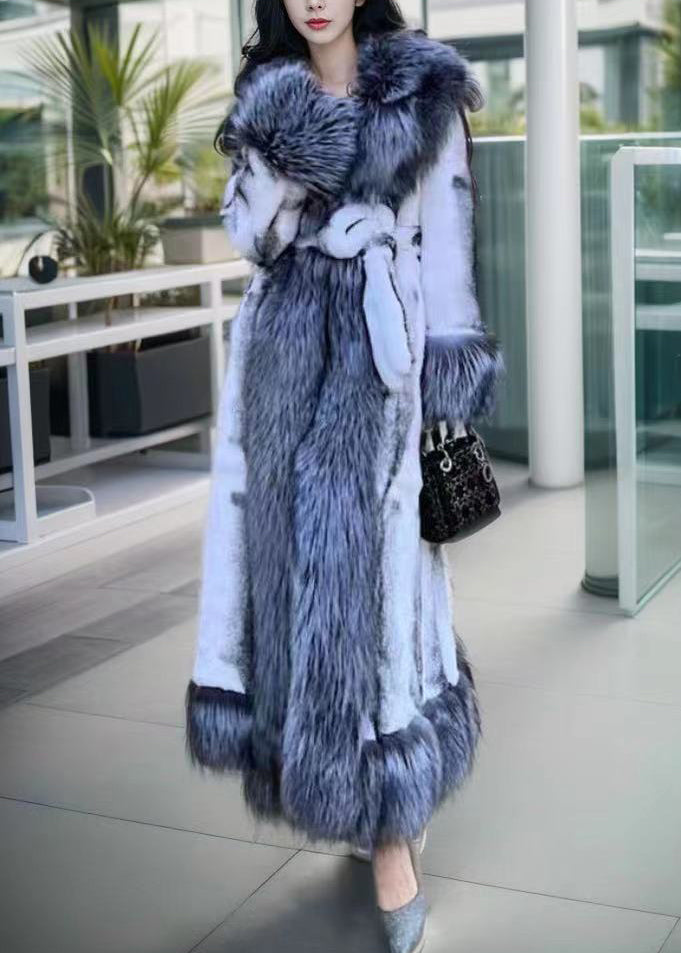 Natural White Fox Collar Tie Waist Leather and Fur Maxi Coats Winter Rd009