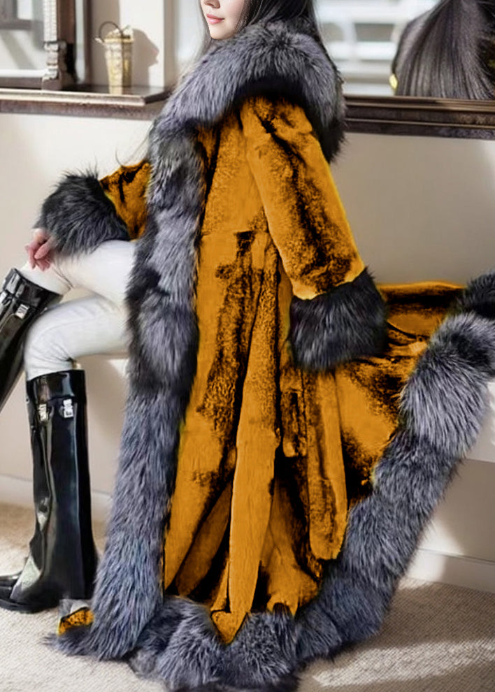 Natural White Fox Collar Tie Waist Leather and Fur Maxi Coats Winter Rd009