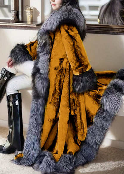 Natural White Fox Collar Tie Waist Leather and Fur Maxi Coats Winter Rd009