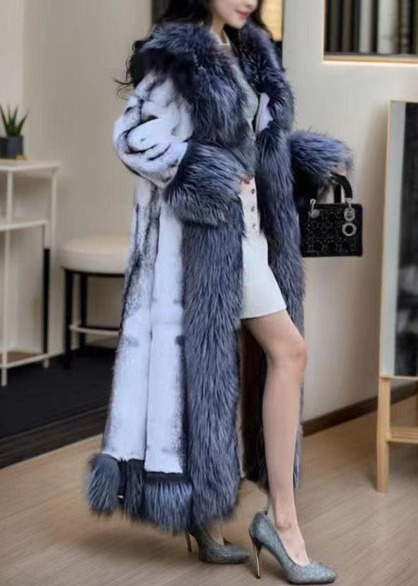 Natural White Fox Collar Tie Waist Leather and Fur Maxi Coats Winter Rd009