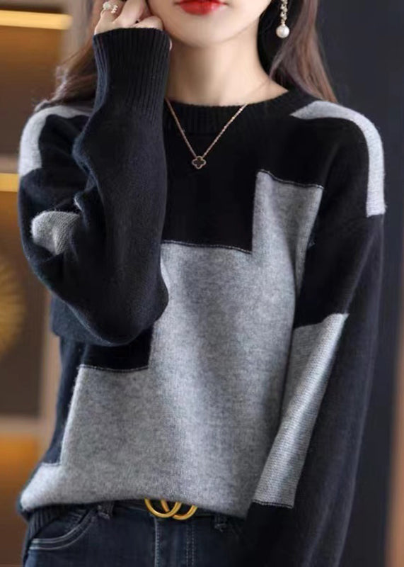 Natural White O-neck Patchwork Thick Cashmere Knit Sweater Fall Qp024