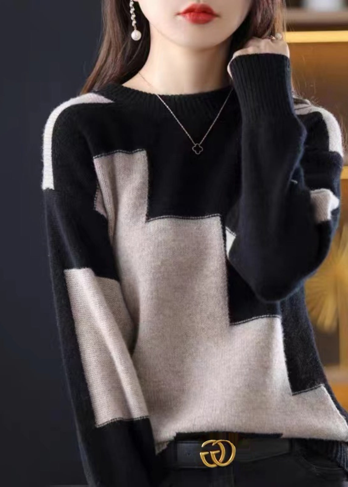 Natural White O-neck Patchwork Thick Cashmere Knit Sweater Fall Qp024