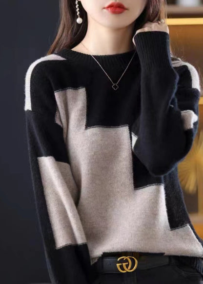 Natural White O-neck Patchwork Thick Cashmere Knit Sweater Fall Qp024