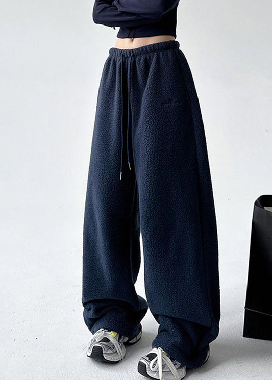 Navy Elastic Waist Warm Fleece Wide Leg Pants Ta053