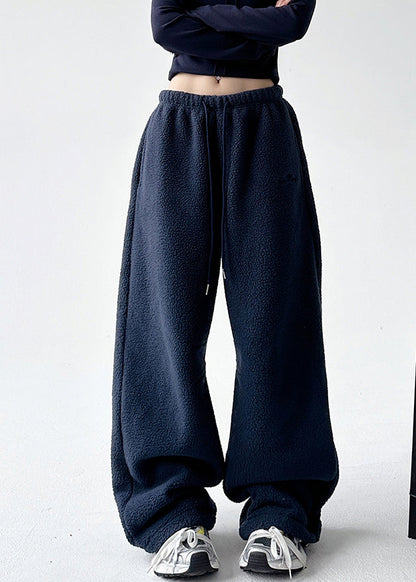 Navy Elastic Waist Warm Fleece Wide Leg Pants Ta053
