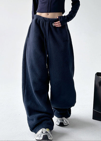 Navy Elastic Waist Warm Fleece Wide Leg Pants Ta053
