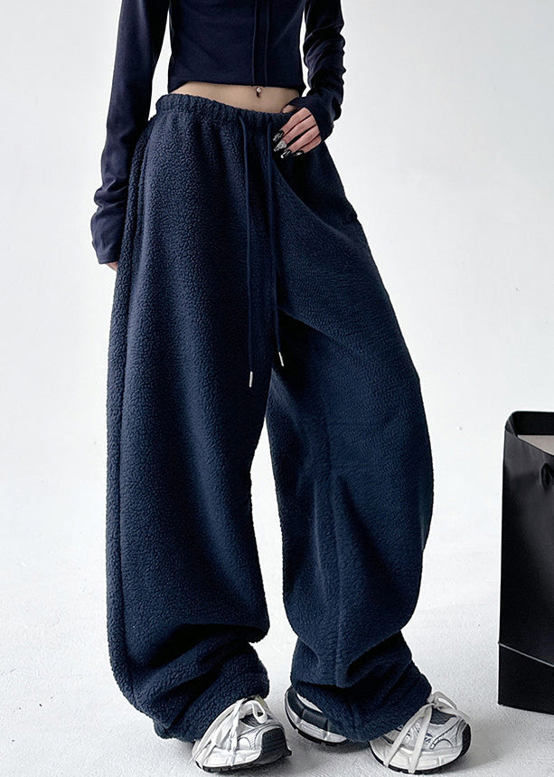 Navy Elastic Waist Warm Fleece Wide Leg Pants Ta053