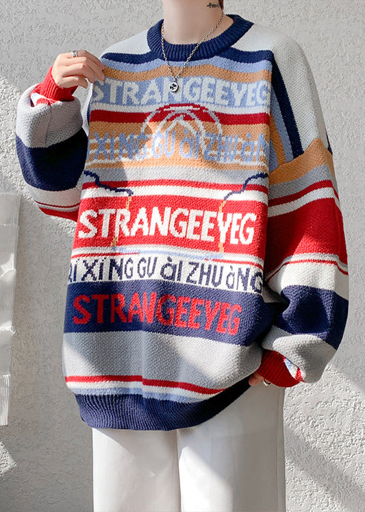 Navy Letter Patchwork Knit Sweater O Neck Winter Rc033