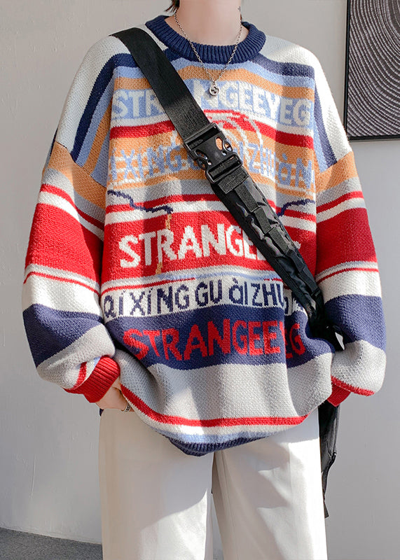 Navy Letter Patchwork Knit Sweater O Neck Winter Rc033