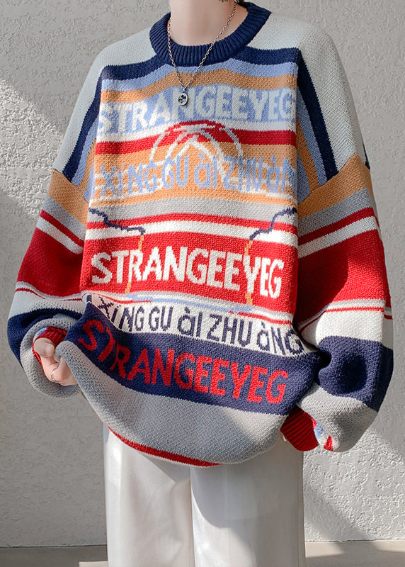 Navy Letter Patchwork Knit Sweater O Neck Winter Rc033
