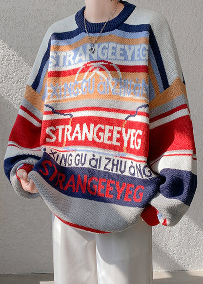 Navy Letter Patchwork Knit Sweater O Neck Winter Rc033