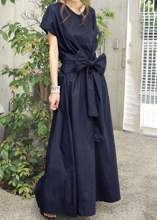 Navy Patchwork Cotton Long Dresses V Neck Wrinkled Summer Ly1319