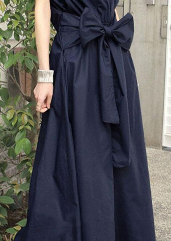 Navy Patchwork Cotton Long Dresses V Neck Wrinkled Summer Ly1319