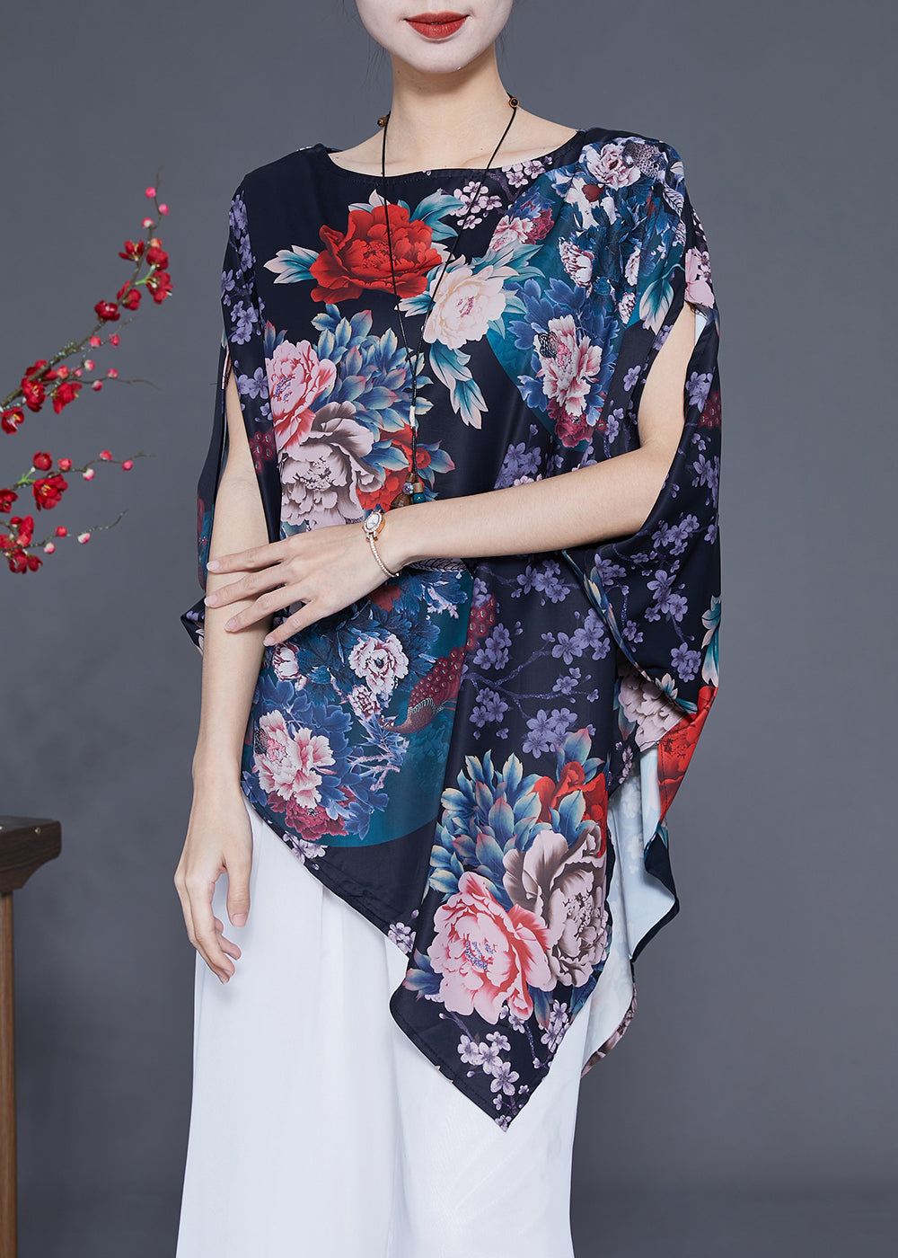 Navy Print Silk Blouse Top Asymmetrical Batwing Sleeve Ly1854