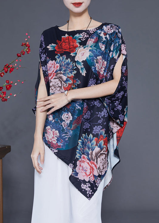 Navy Print Silk Blouse Top Asymmetrical Batwing Sleeve Ly1854