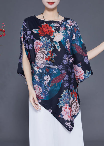 Navy Print Silk Blouse Top Asymmetrical Batwing Sleeve Ly1854